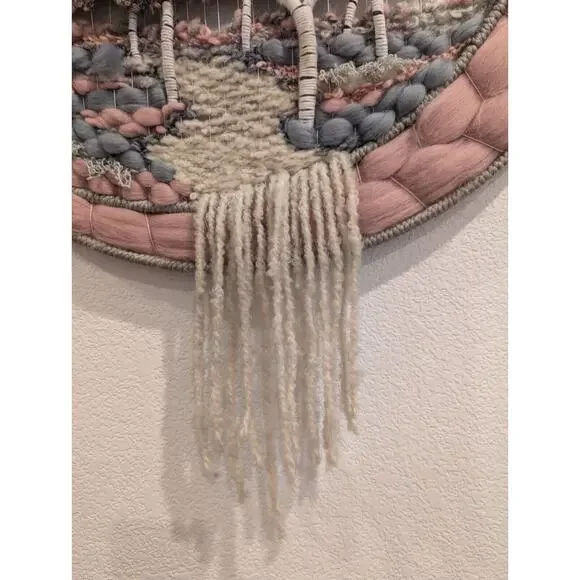 Round Hoop Tree Fiber Art Fiber Textile Macrame Hand Woven Yarn Pink Girls Room - Picture 3 of 4